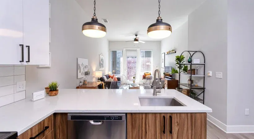 Kitchen cabinetry with coordinated counters and hardware