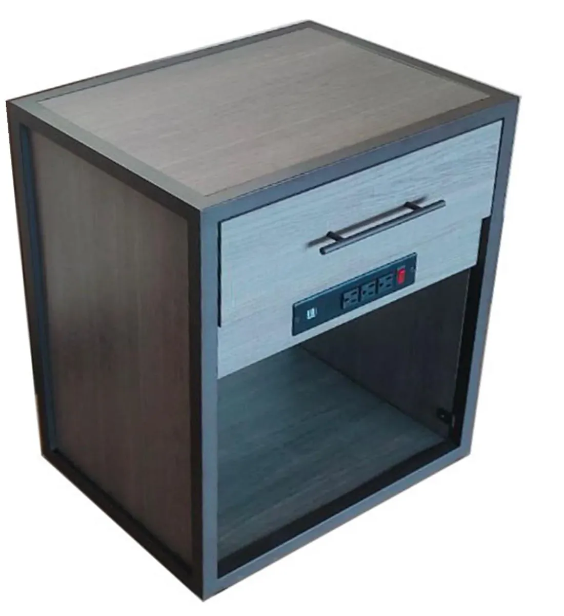 Metal-frame nightstand for guest rooms